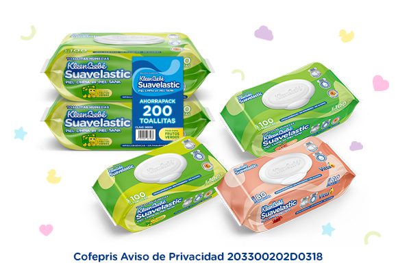 KleenBebé® Suavelastic® Toallitas Con doble textura e ingredientes naturales como aloe vera, té verde y vitamina E que limpian suavemente la piel de tu bebé desde la primera pasada sin dejar residuos.