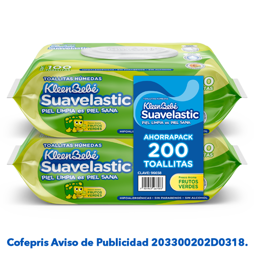 KleenBebé® Suavelastic® Toallitas Con doble textura e ingredientes naturales como aloe vera, té verde y vitamina E que limpian suavemente la piel de tu bebé desde la primera pasada sin dejar residuos.