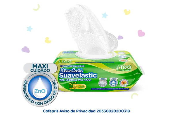KleenBebé® Suavelastic® Toallitas Con doble textura e ingredientes naturales como aloe vera, té verde y vitamina E que limpian suavemente la piel de tu bebé desde la primera pasada sin dejar residuos.