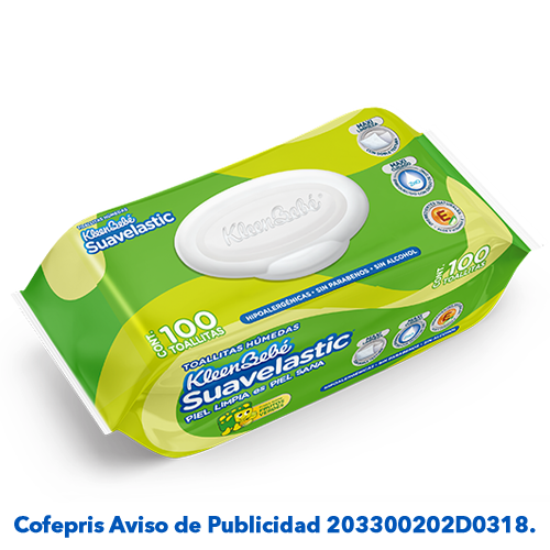 KleenBebé® Suavelastic® Toallitas Con doble textura e ingredientes naturales como aloe vera, té verde y vitamina E que limpian suavemente la piel de tu bebé desde la primera pasada sin dejar residuos.
