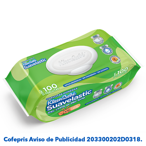 KleenBebé® Suavelastic® Toallitas Con doble textura e ingredientes naturales como aloe vera, té verde y vitamina E que limpian suavemente la piel de tu bebé desde la primera pasada sin dejar residuos.