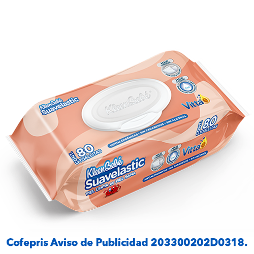 KleenBebé® Suavelastic® Toallitas Con doble textura e ingredientes naturales como aloe vera, té verde y vitamina E que limpian suavemente la piel de tu bebé desde la primera pasada sin dejar residuos.